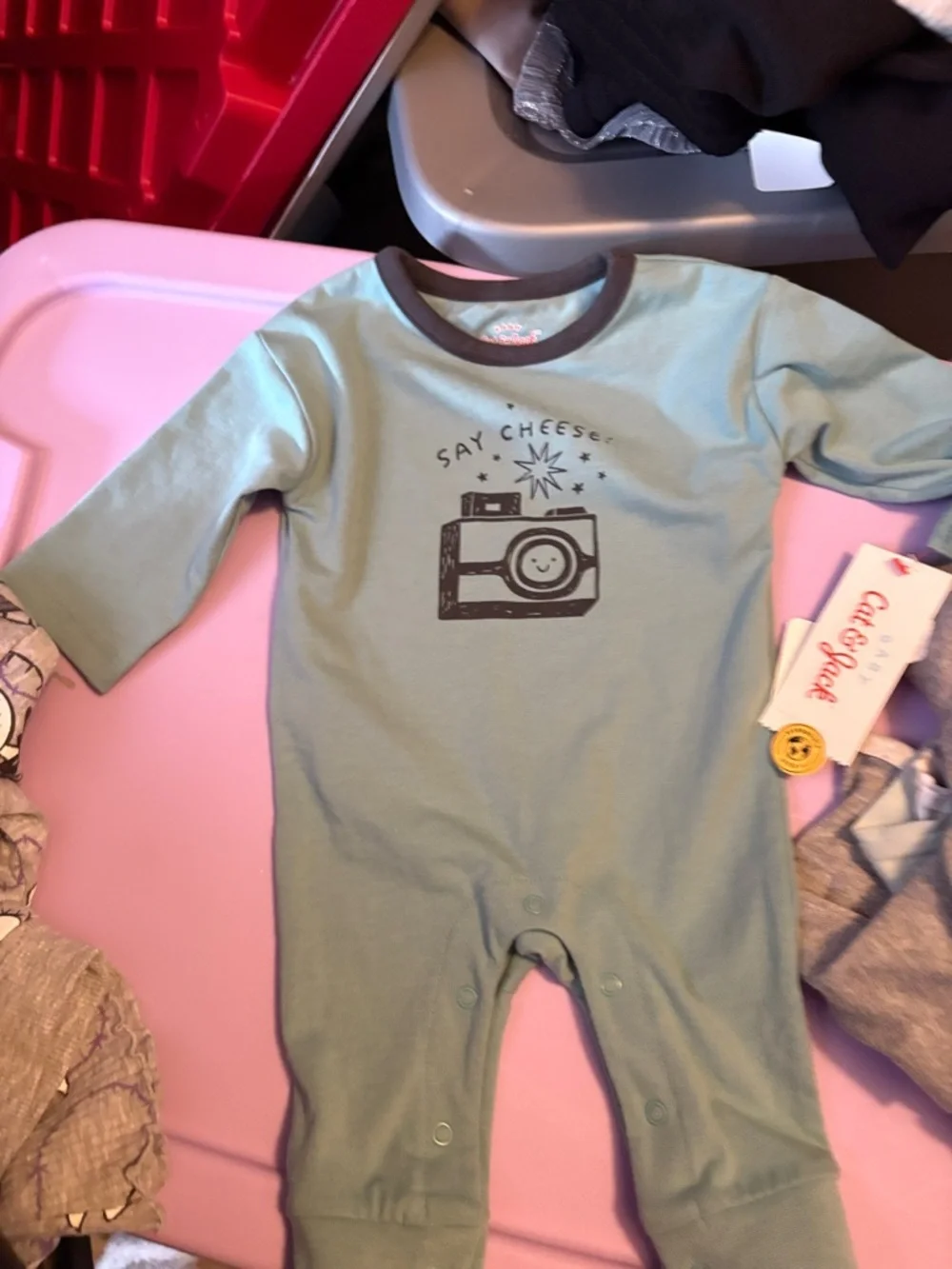 Soft Knit Baby One-Piece in Light Sage with Cross Print 4 pieces